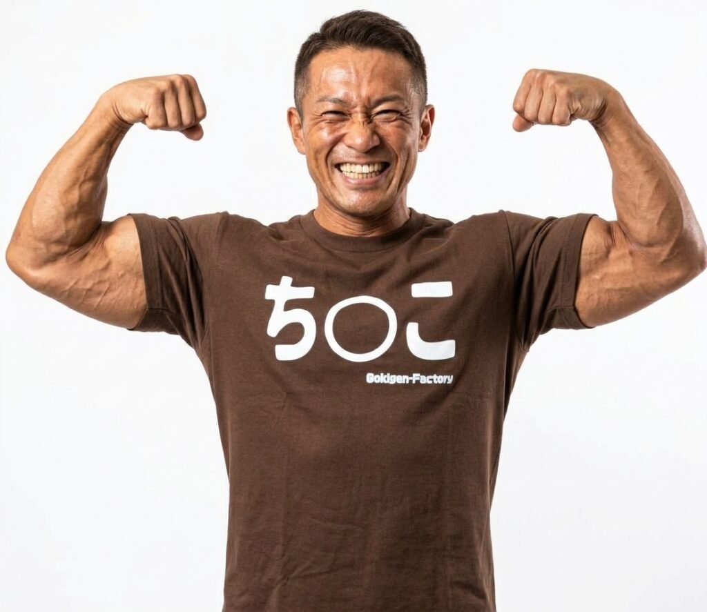 生成AIで作成した茶色地のTシャツに白文字で「ち○こ」と書かれたTシャツを着る屈強な男性